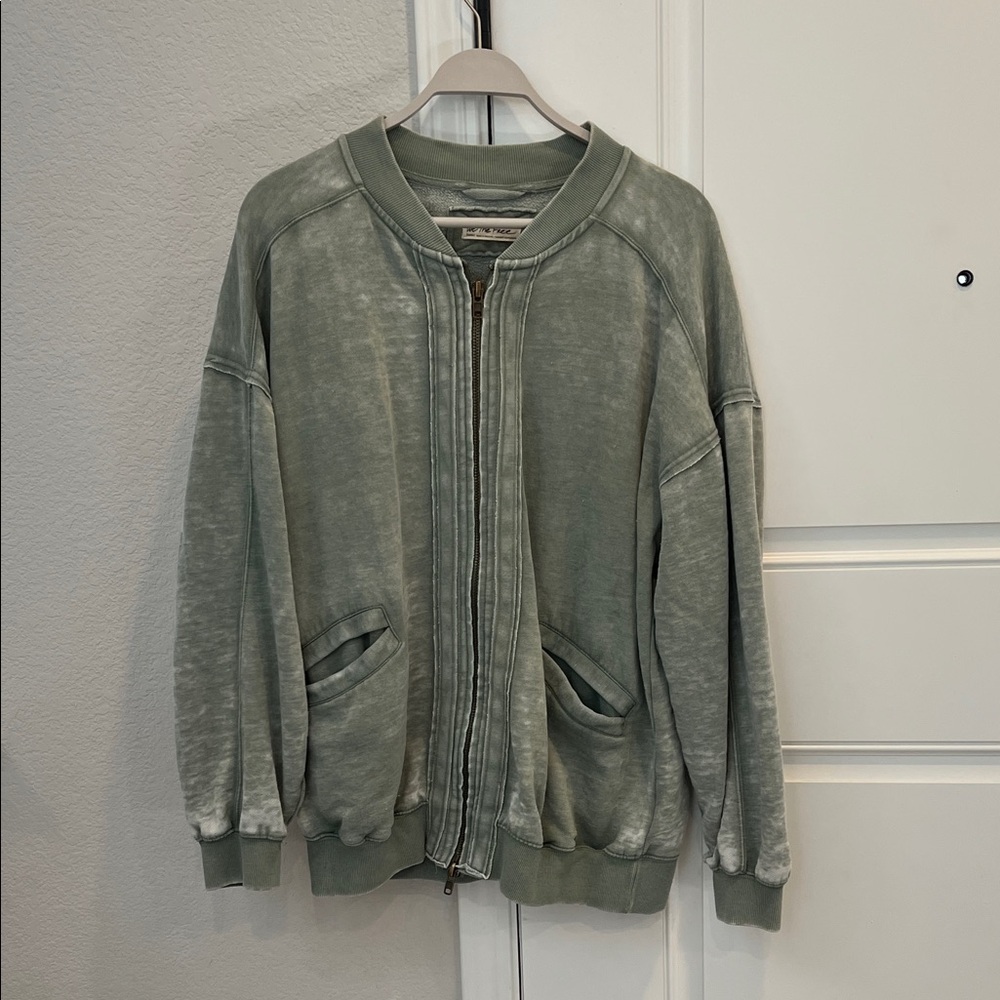 Free People Washed Sage Green Zip Front Bomber Sweater